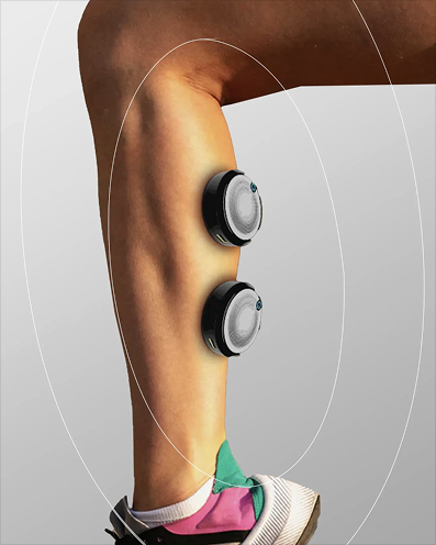 A CURAPOD wearable pod worn on a leg, ringed by concentric light-field circles